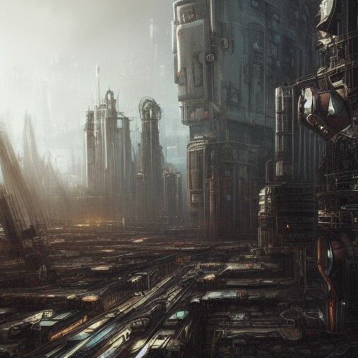 Giant Quadruped Machines in Dystopian Biopunk Cityscape