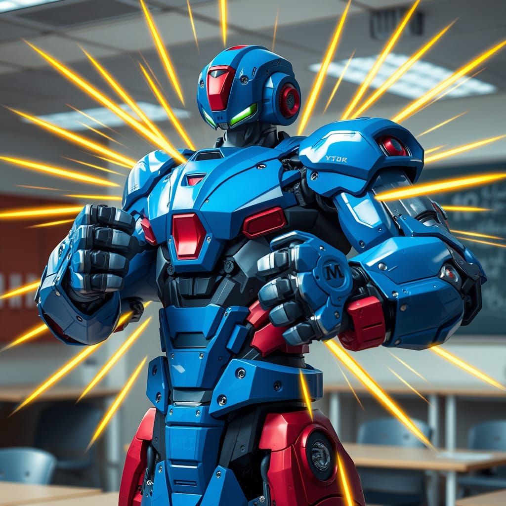 Hyper Realistic Blue Robot in Fighting Posture with Yellow E...