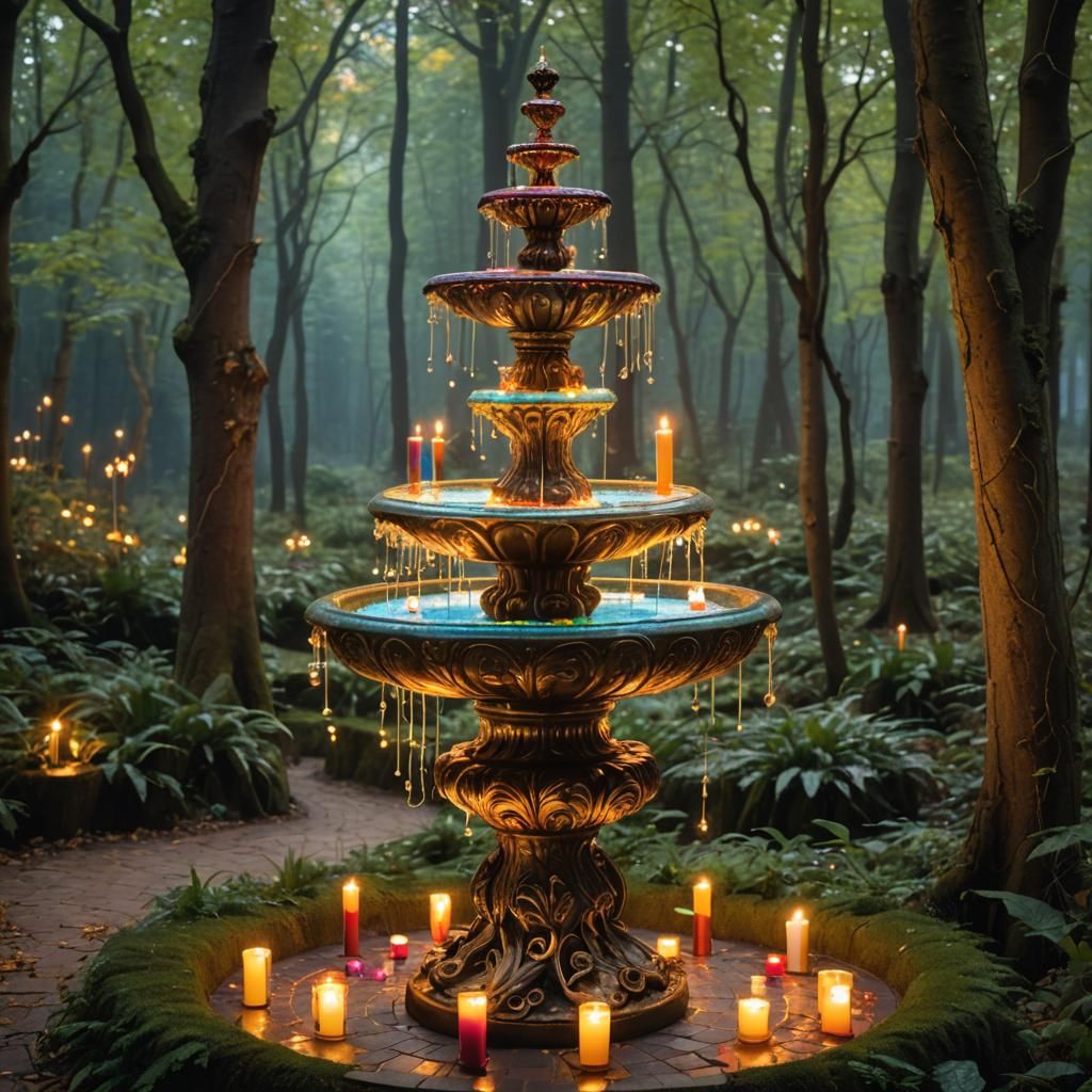 A path in a magical forest lit by burning candles at the end of the path is a fountain topped by a intricately designed ...
