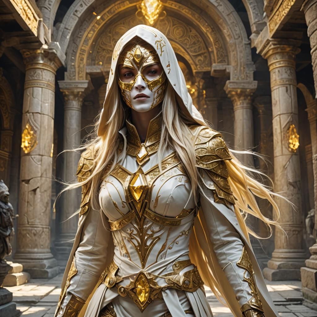 Blonde Assassin in Ancient Temple, Hyper-Realistic Digital A...