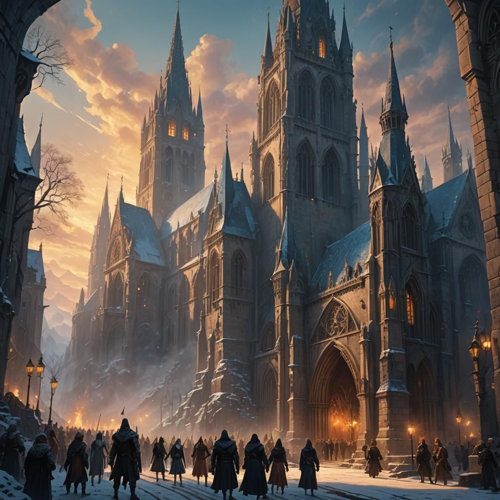 Gothic Spire and Adventurers in Fantasy Art