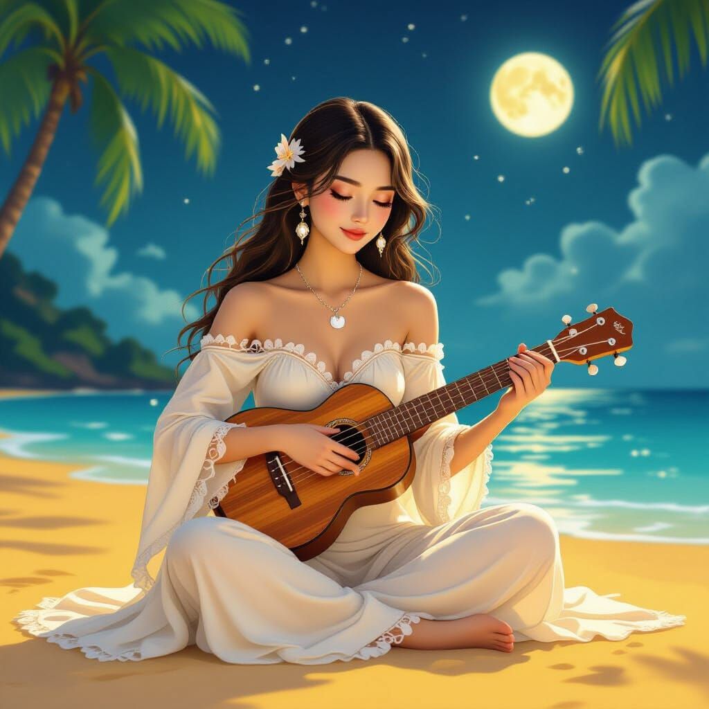 Ethereal Woman on Golden Beach Under Lunar Light