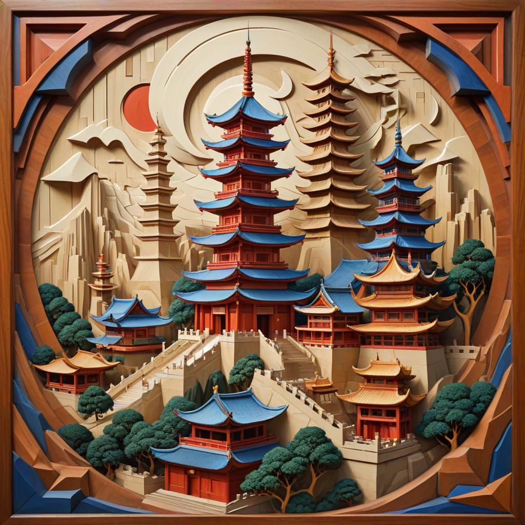 Cubist Wood Carving Bas-Relief of Leifeng Pagoda