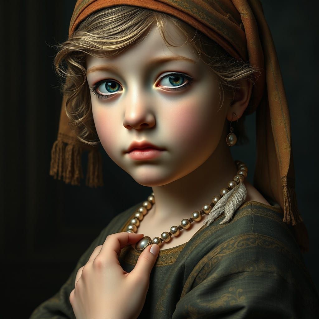 Young Boy with Pearl Earrings in Whimsical, High-Realism Art...
