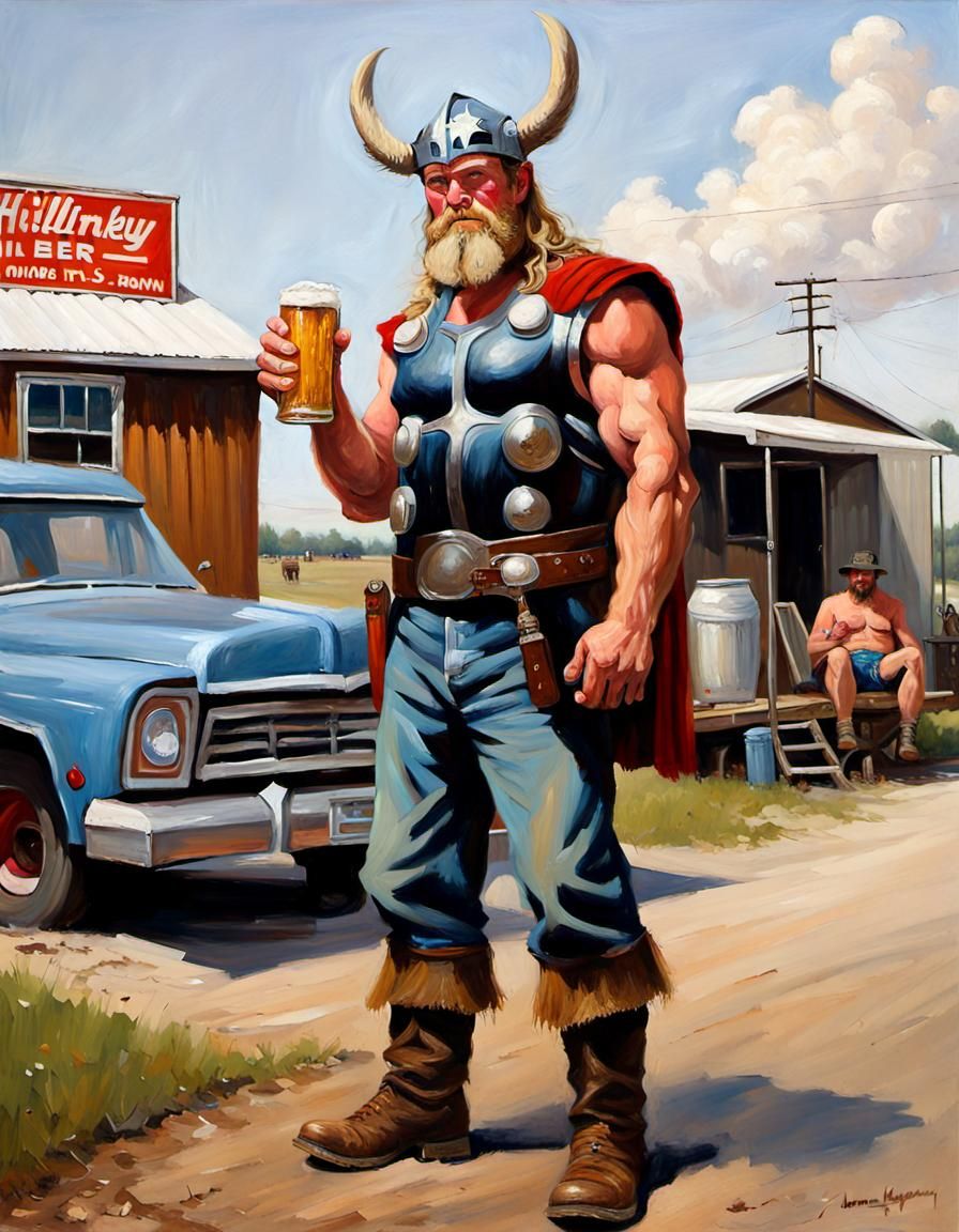 Humorous Redneck Thor in Trailer Park, Oil Painting