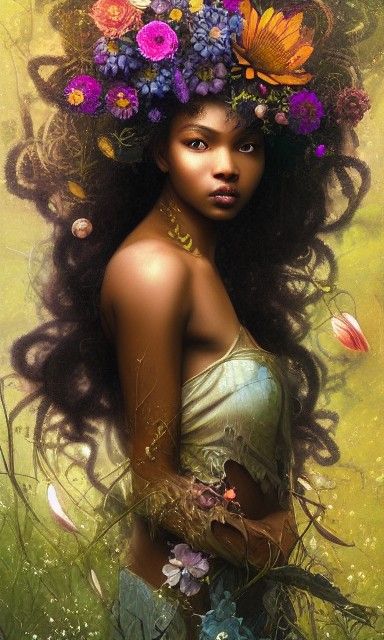 Goddess Surrounded by Flowers: Photorealistic Illustration