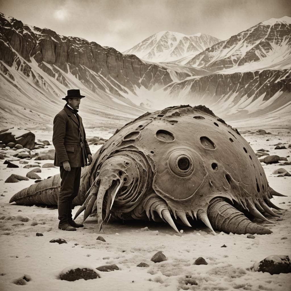 Victorian Explorer and Sea Creature in Sepia
