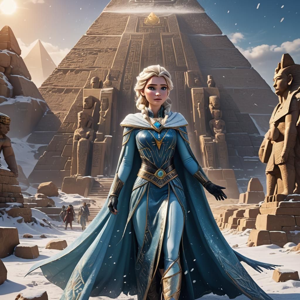 Queen Elsa Freezes Pyramids: Detailed Fantasy Art