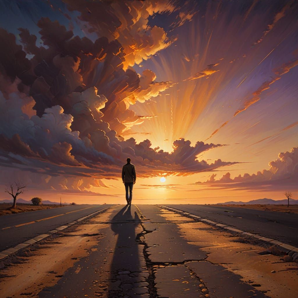 Solitary Figure on Deserted Road in Surreal Oil Painting