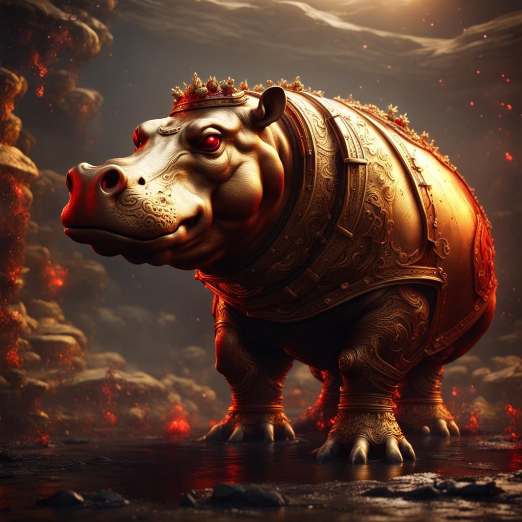Golden Hippo with Red Eyes: Detailed Matte Painting