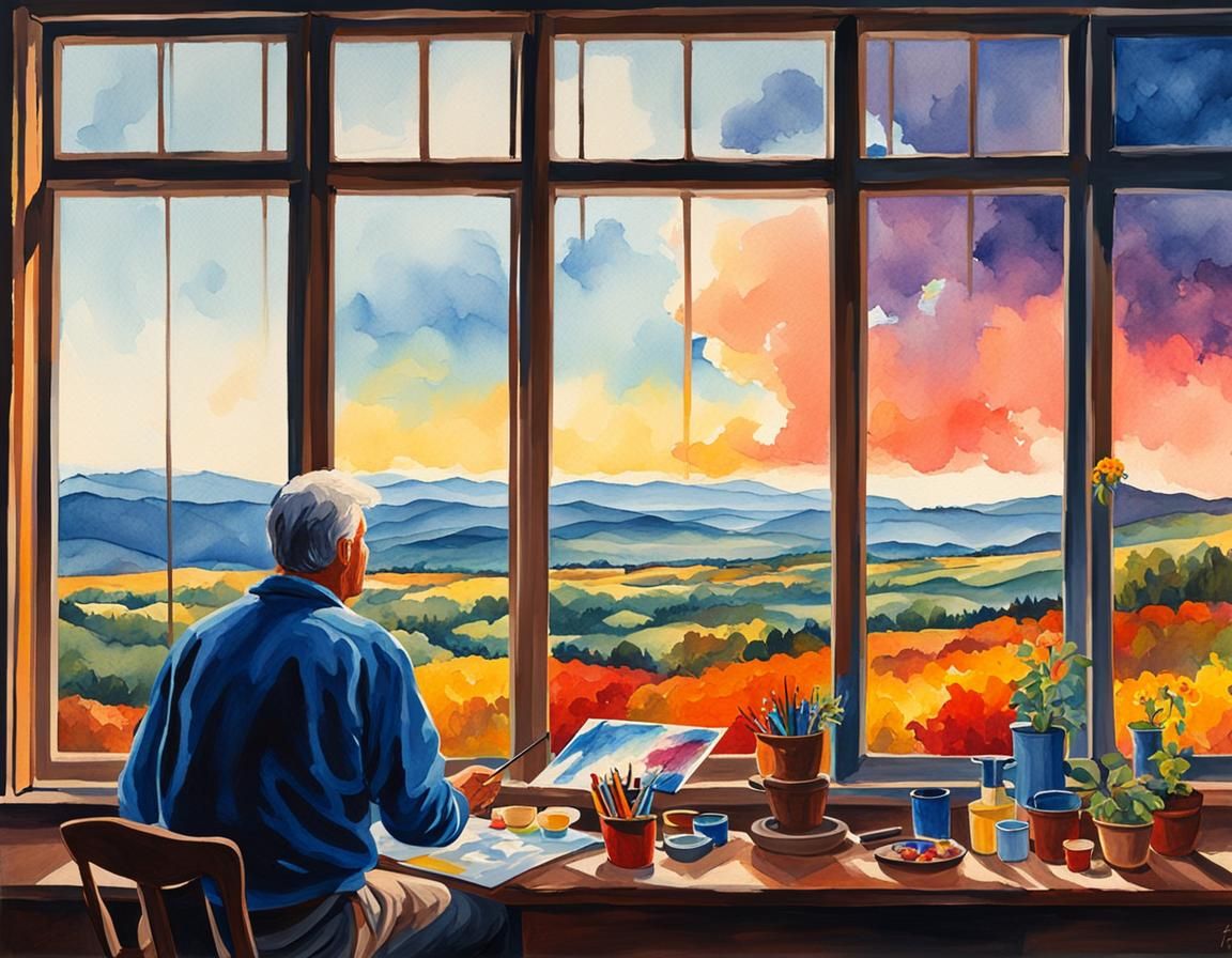 Artist Painting Landscape with Watercolor and Ink