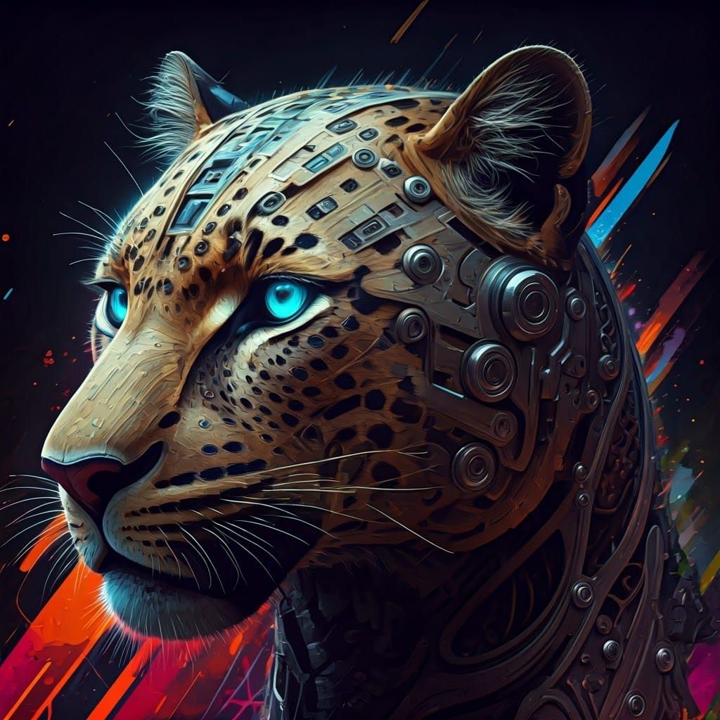 Intricate techno mechanical cyborg leopard