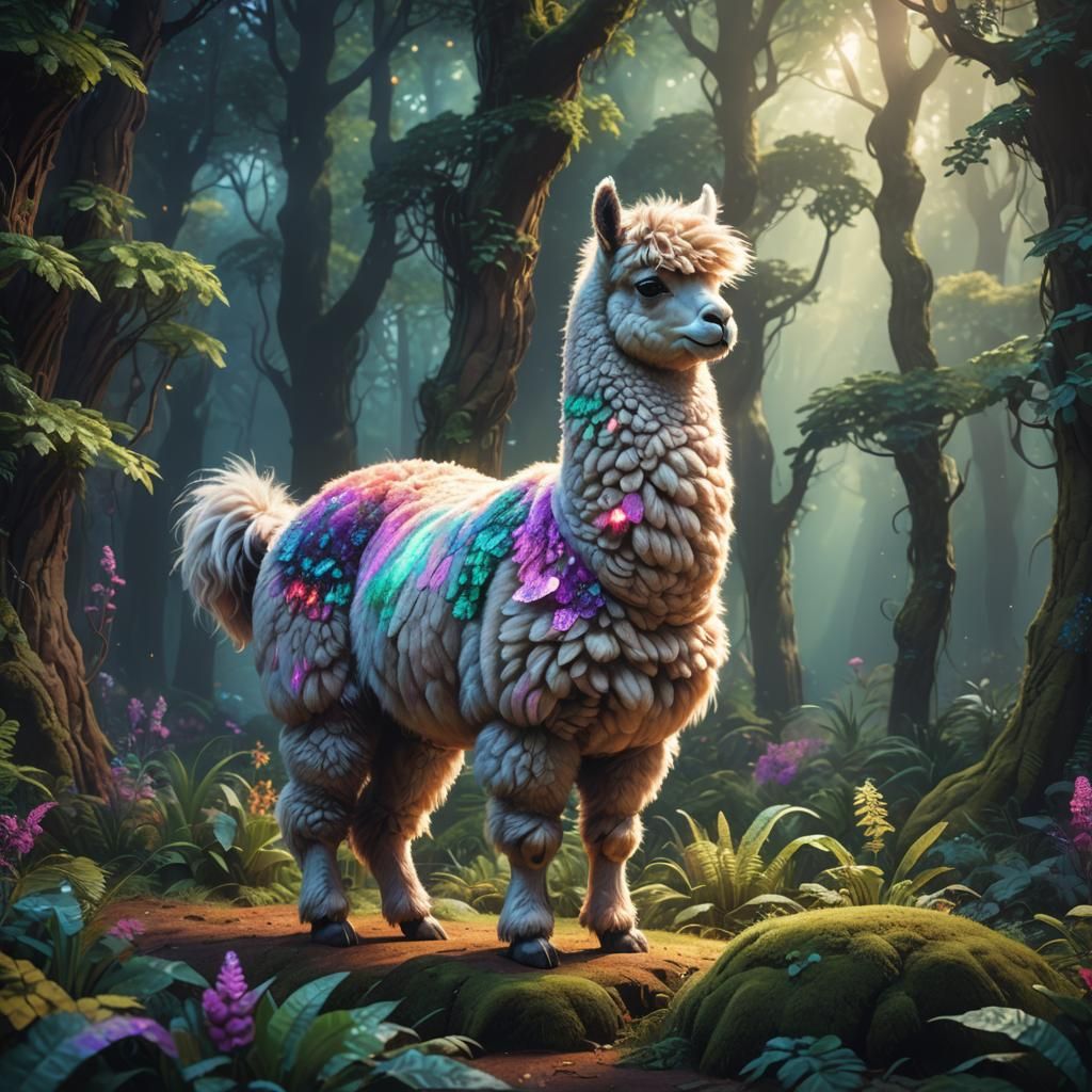 Pixel Alpaca in Iridescent Forest Concept Art