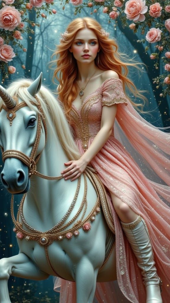 Ethereal Woman Riding Unicorn in Glittering Forest