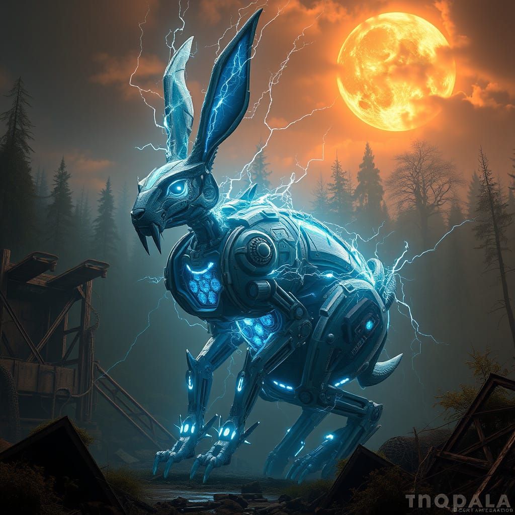 Cyberpunk Demon Robot Hare in Ancient Forest