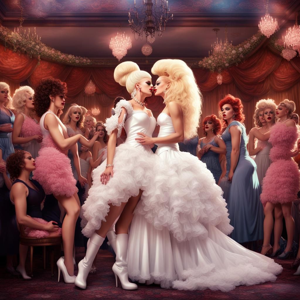Drag Queens Kissing at Wedding in Detailed Matte Painting