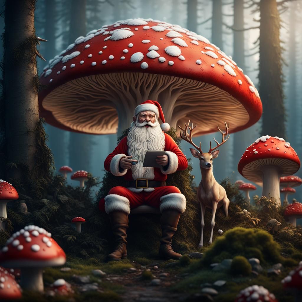 Santa and Reindeer on Mushroom, Detailed Digital Painting