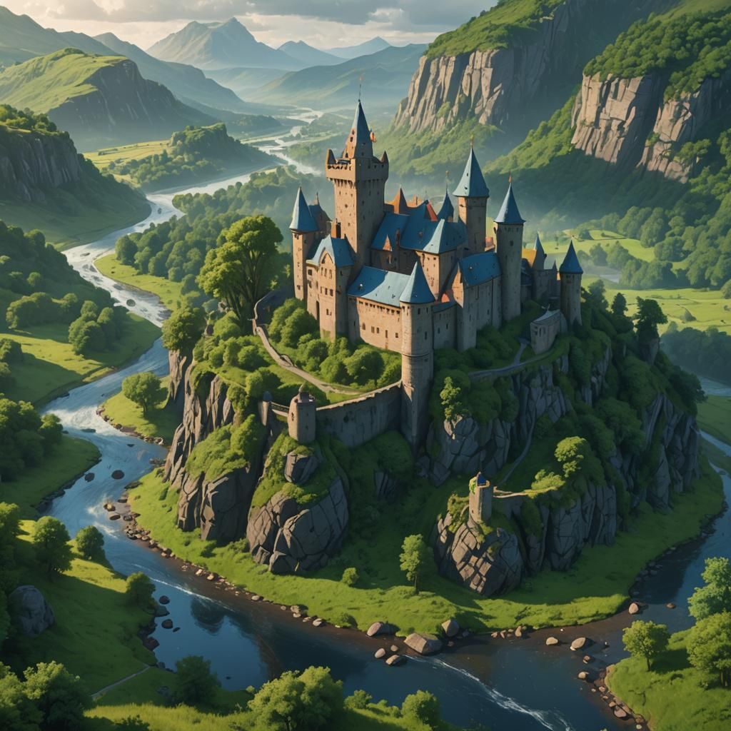 Medieval Castle in River Valley: Fantasy Architecture