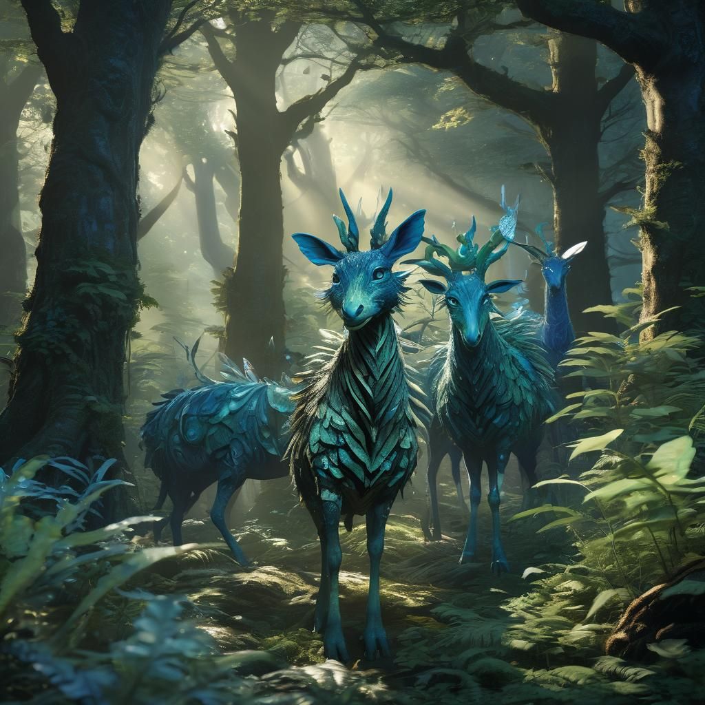 Luminescent Blue-Green Creatures in Miyazaki-esque Forest