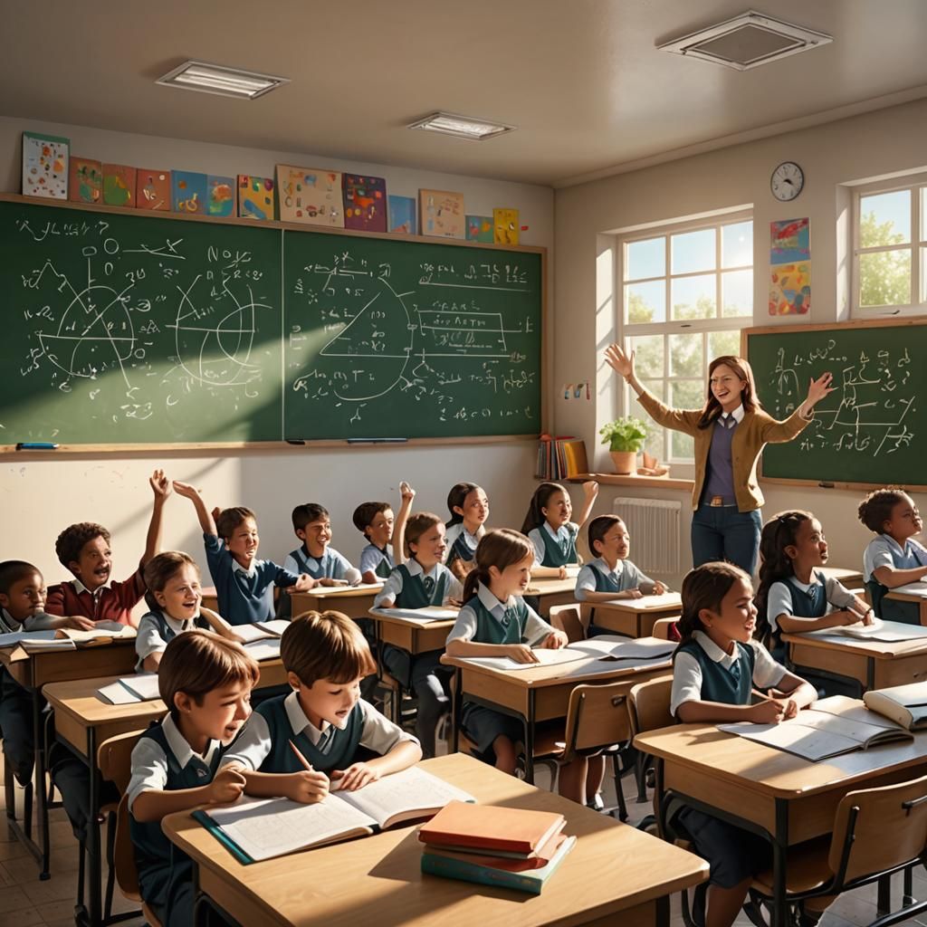 Classroom Scene with Teacher and Students in Sunlight