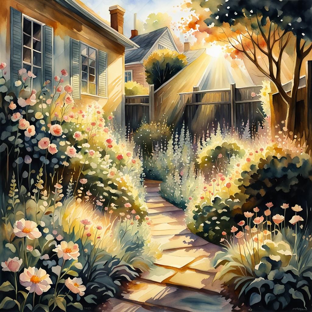 Sunlit Garden in Dark Backyard: Watercolor Impressionism