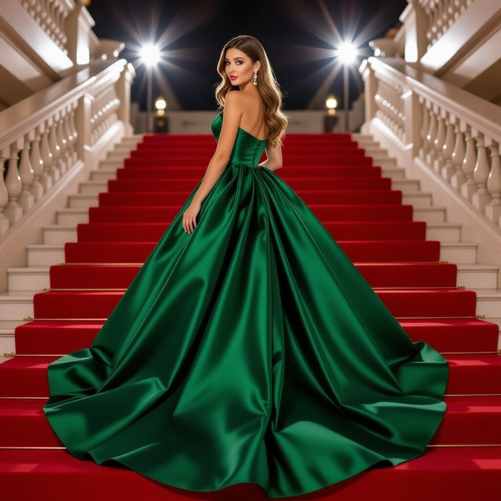 Woman in Emerald Gown on Red Carpet