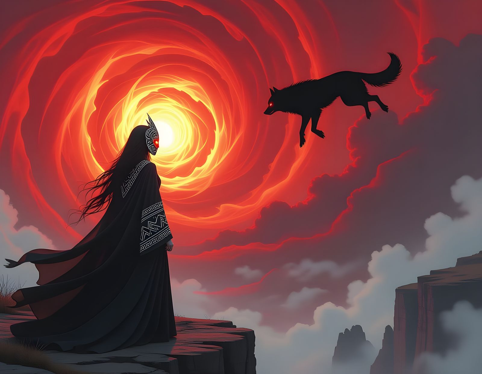 Wiccan Woman and Shadow Wolf Vortex in Digital Art