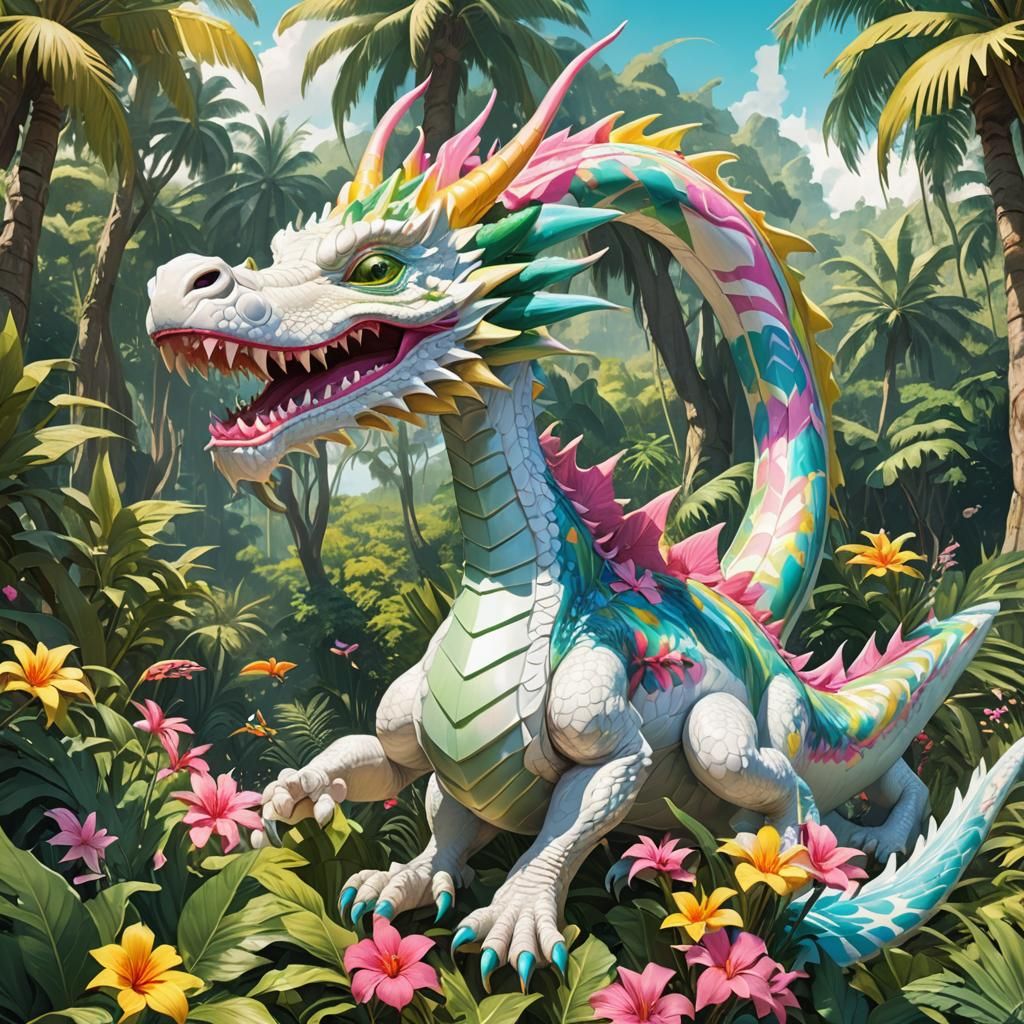 Giant White Dragon Flight: Whimsical Magical Realism