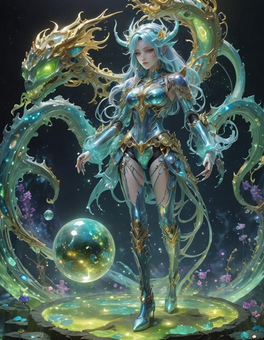 Rainbow Dragon Girl with Metal Skeleton in Anime Style