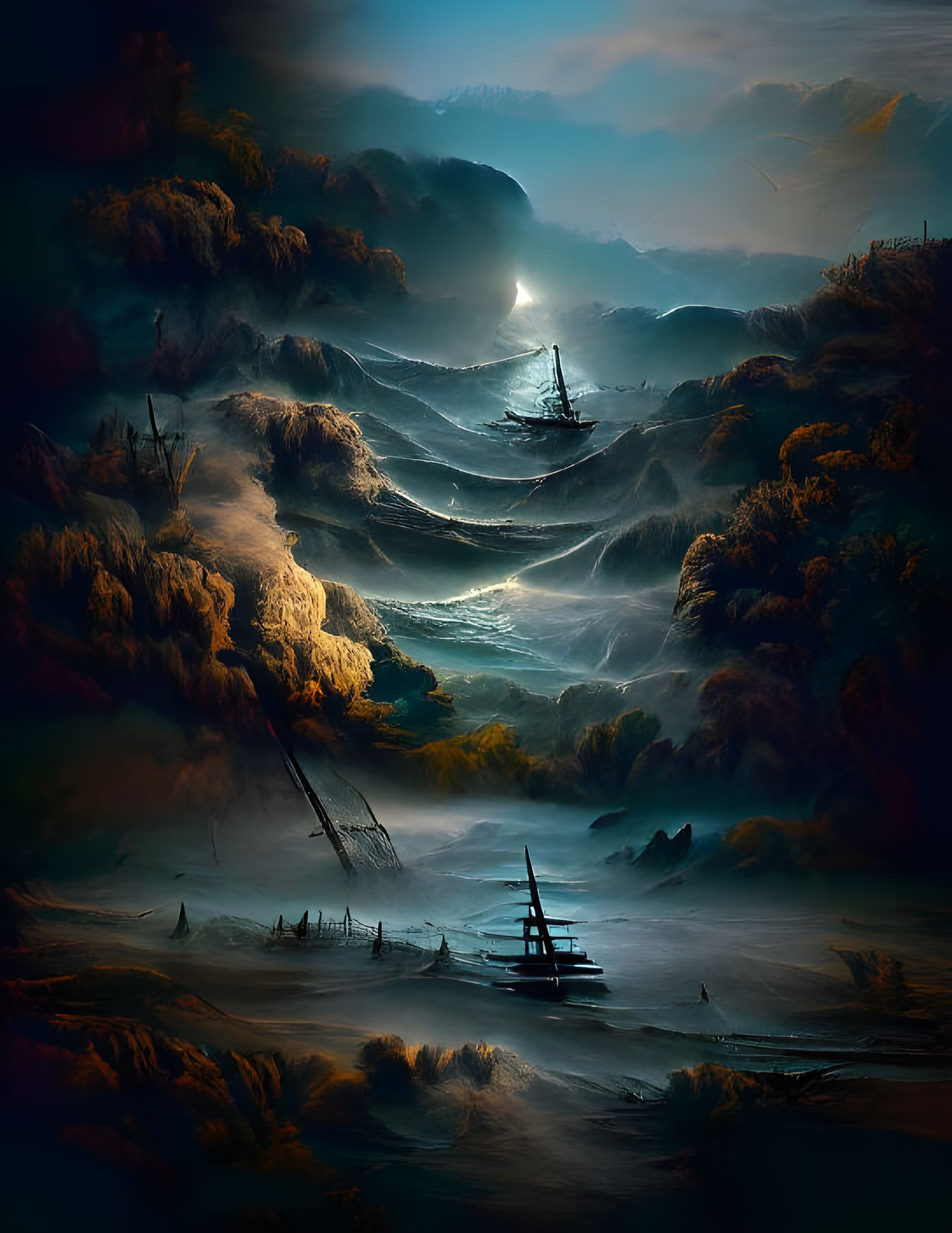 Ghost Ship Sailing Through Luminous Clouds