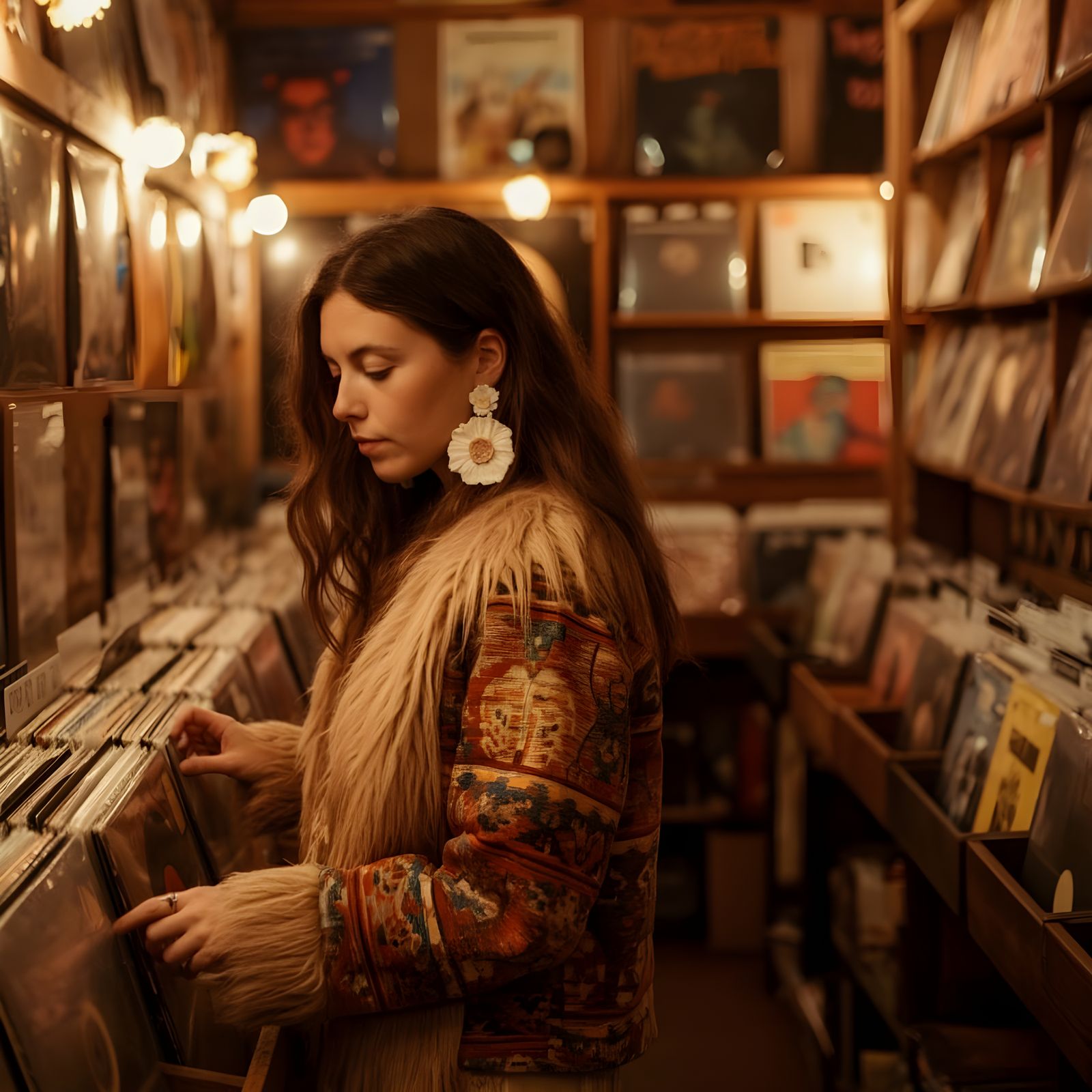 Young Woman Browsing Vinyl Records in a Cozy Vintage Store
