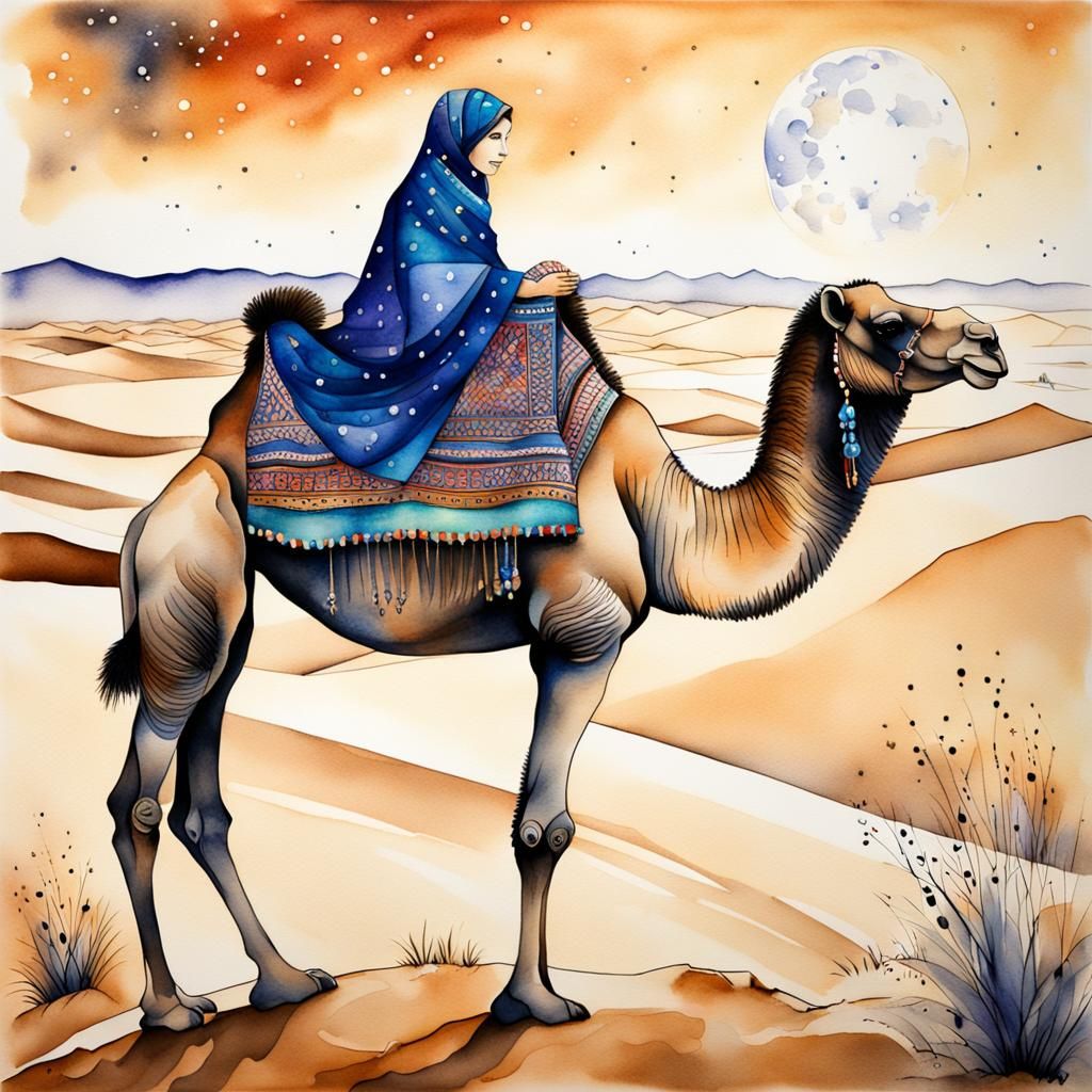 Majestic Camel Portrait in Ink and Watercolor