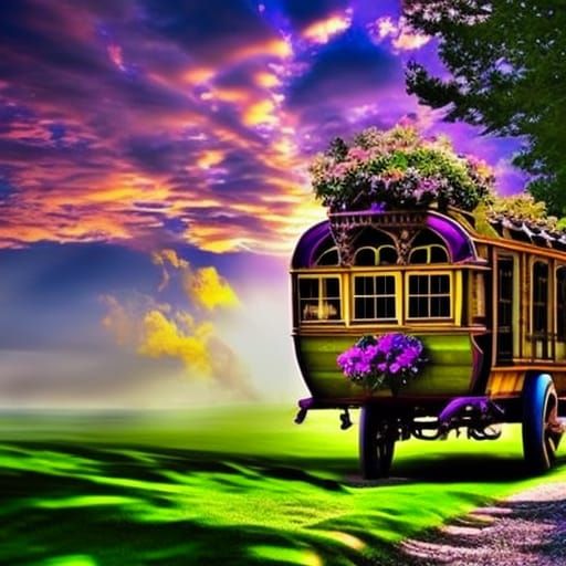 Purple Gypsy caravan wagon house& gothic vibes& fantasy vibes& ethereal vibes& magical vibes& witchy vibes& Gypsy vibes&...