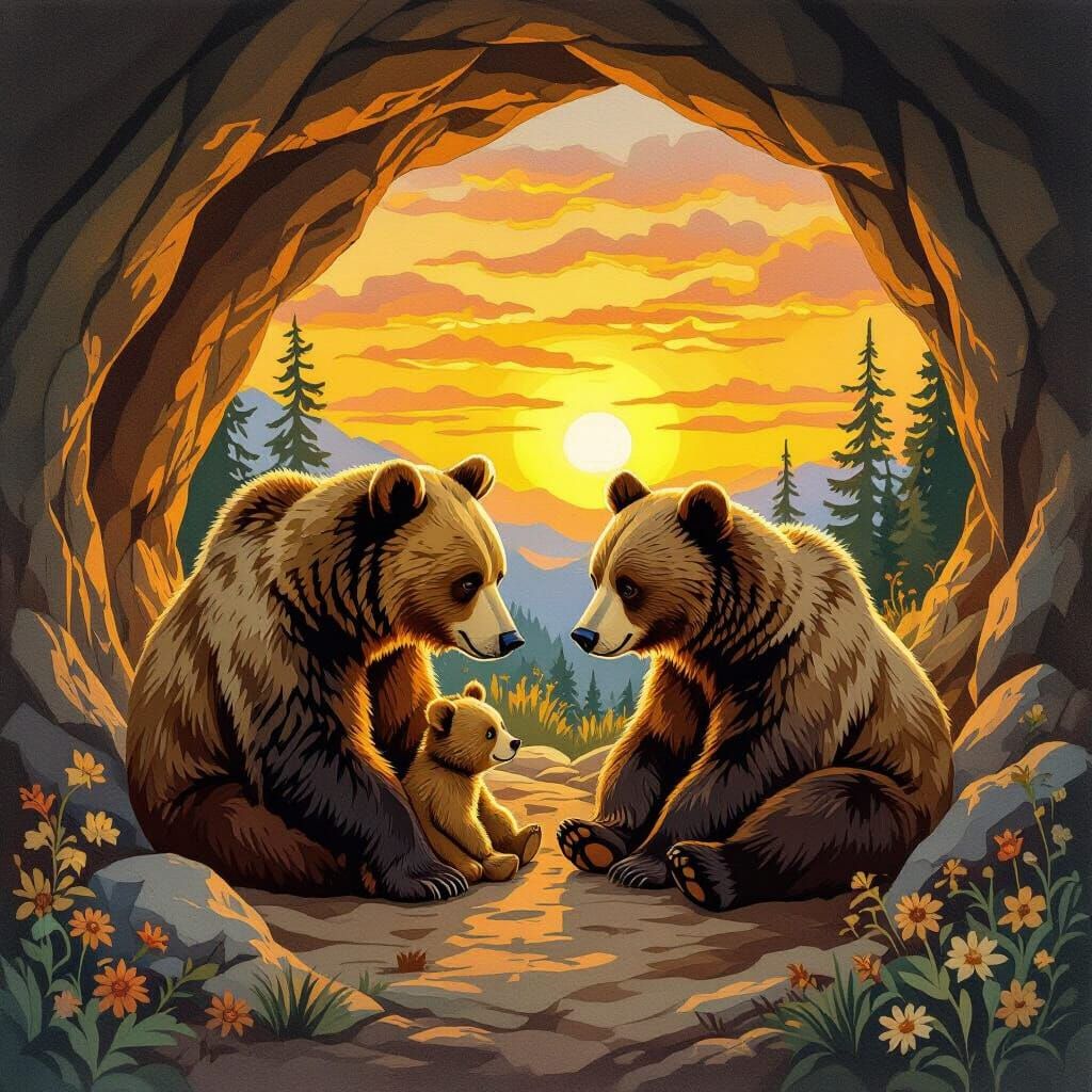 Bear Family in Cozy Cave, Decorative Style