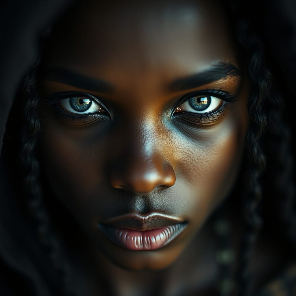 Striking African Woman with Piercing Grey Eyes in Moody Cine...