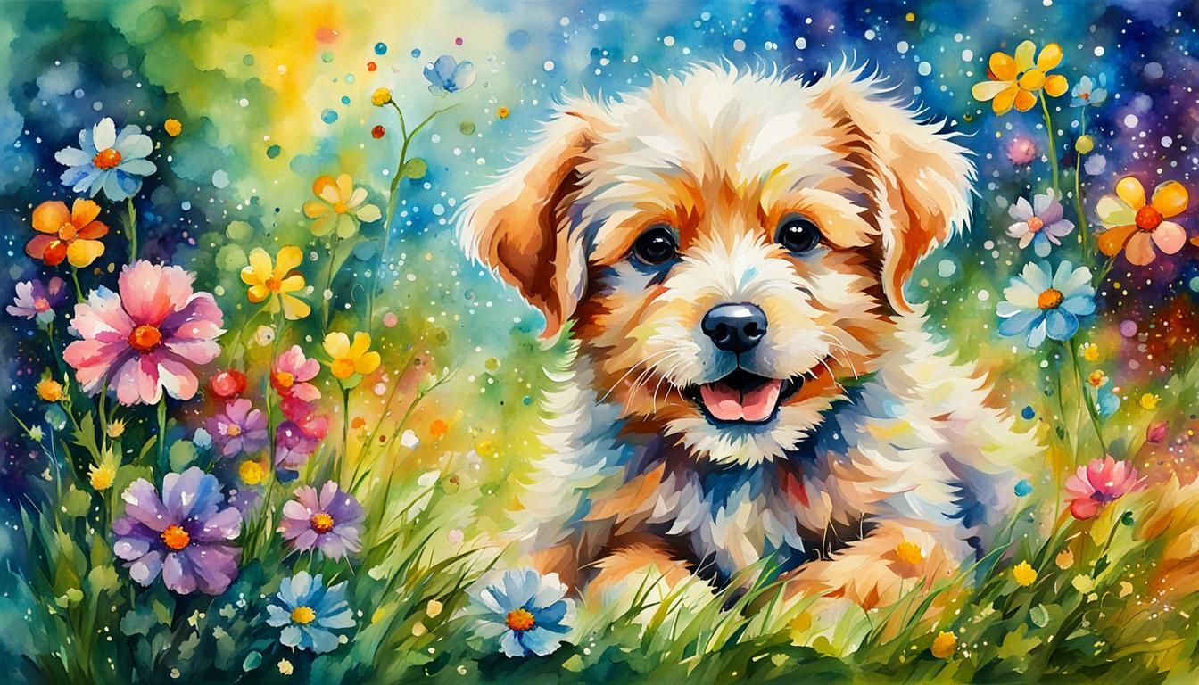 Cute Puppy in Watercolor Flower Field