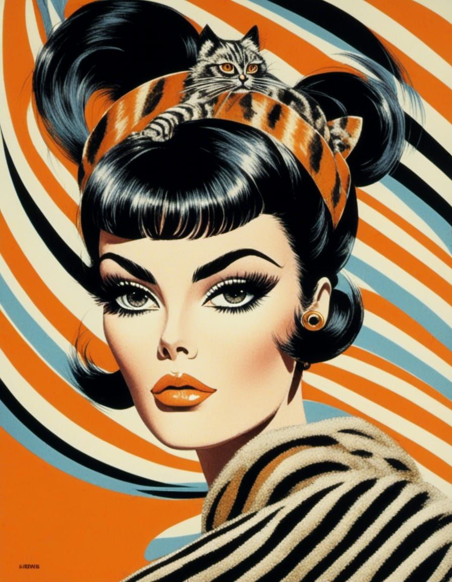 Pop Art Portrait of Woman with Cat in 1960s Style