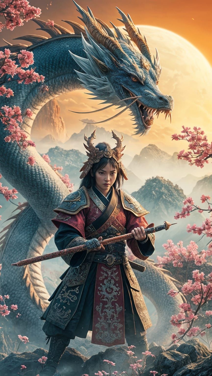 Asian Dragon and Samurai: Fantasy Concept Art