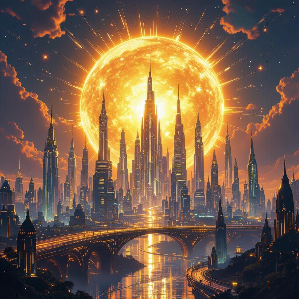 Futuristic City on Exploding Sun in Epic Sci-Fi Matte Painti...