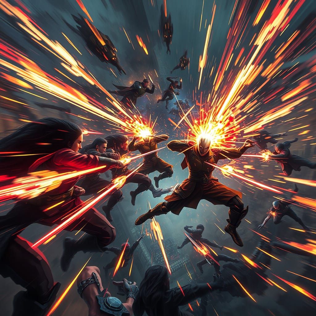 Synchronized Blade Dance in Neon-Lit Futurism