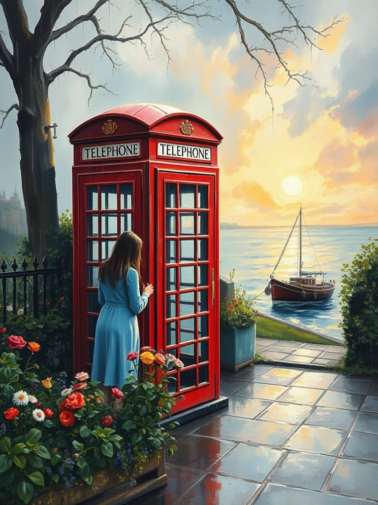 Impressionist Red Phone Booth in Rainy London