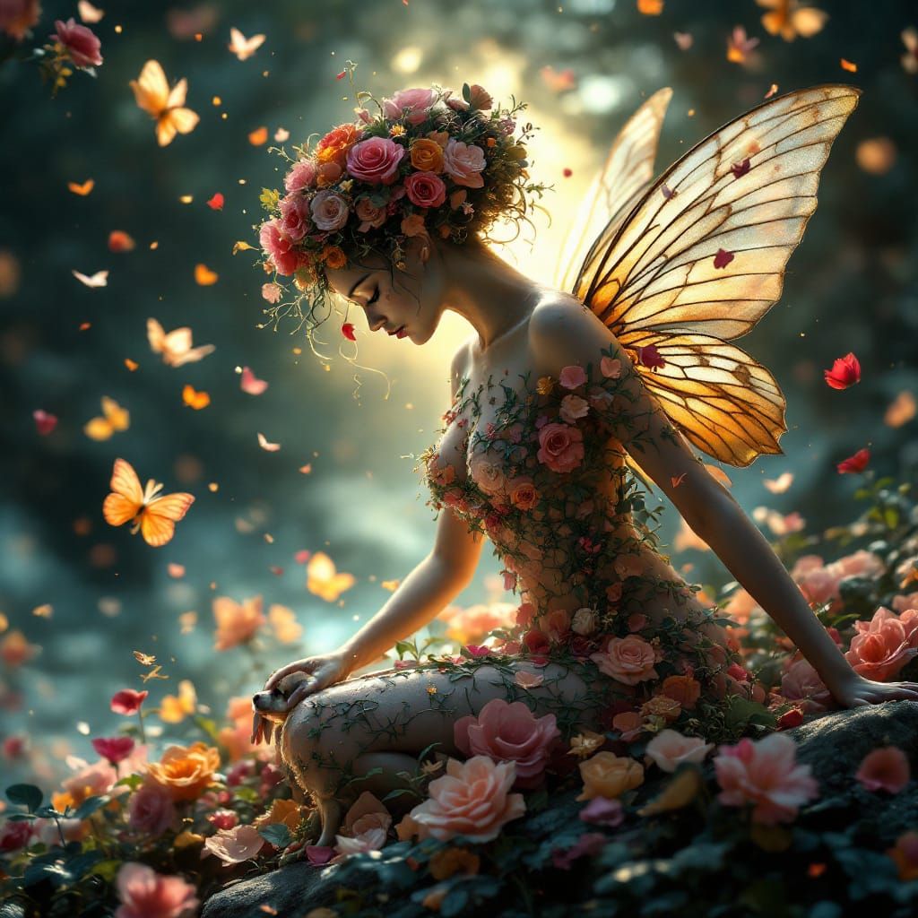 Divine Fairy with Puppy and Rose Petals