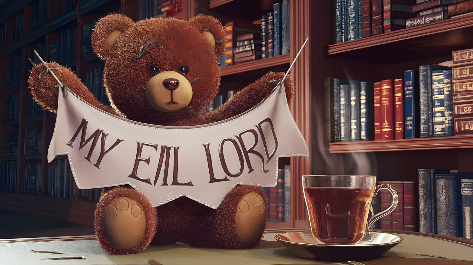 Brown Teddy Bear Holds 'My Evil Lord' Banner in Elegant Libr...
