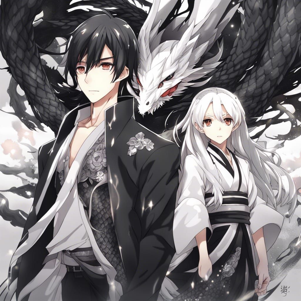 Anime Girl and Boy with Dragons Art