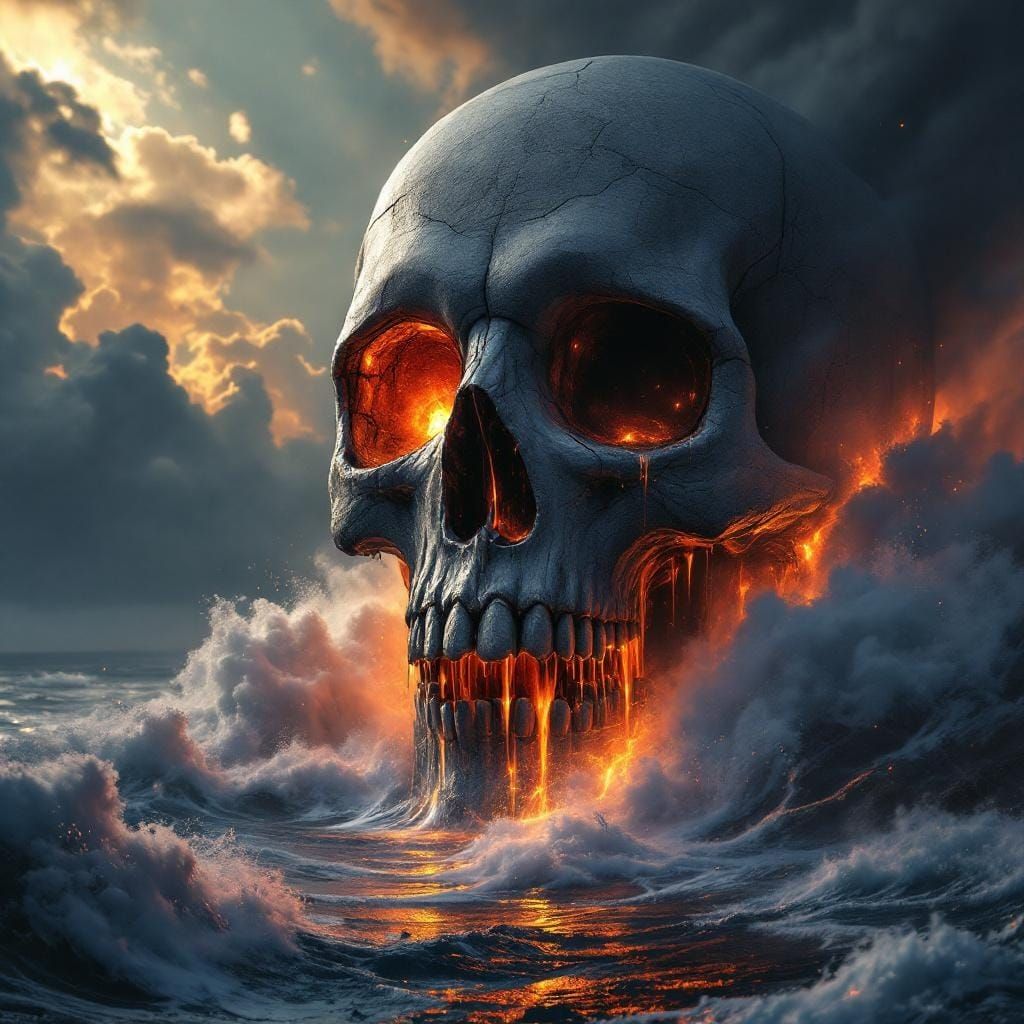 Skull Volcano Eruption in Oil Realism Style
