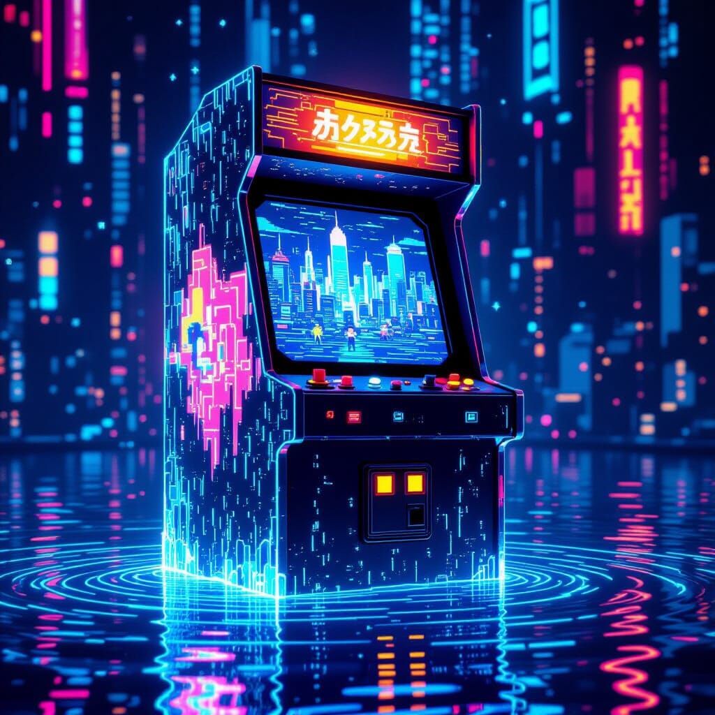 Crystal Water Arcade Cabinet with Fantastical Cityscape