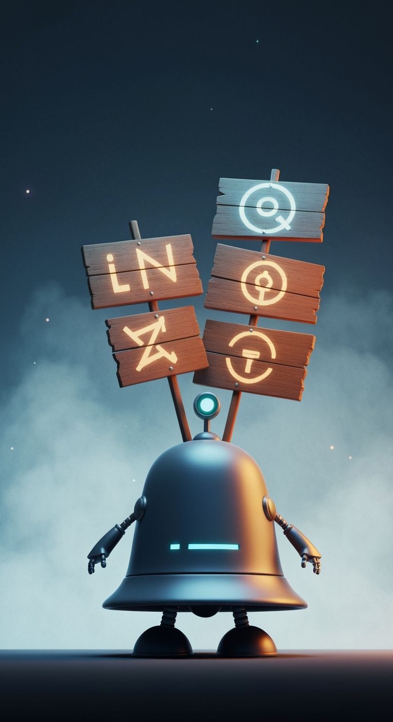 Bell Robot Holding Wooden Signs in Futuristic Style