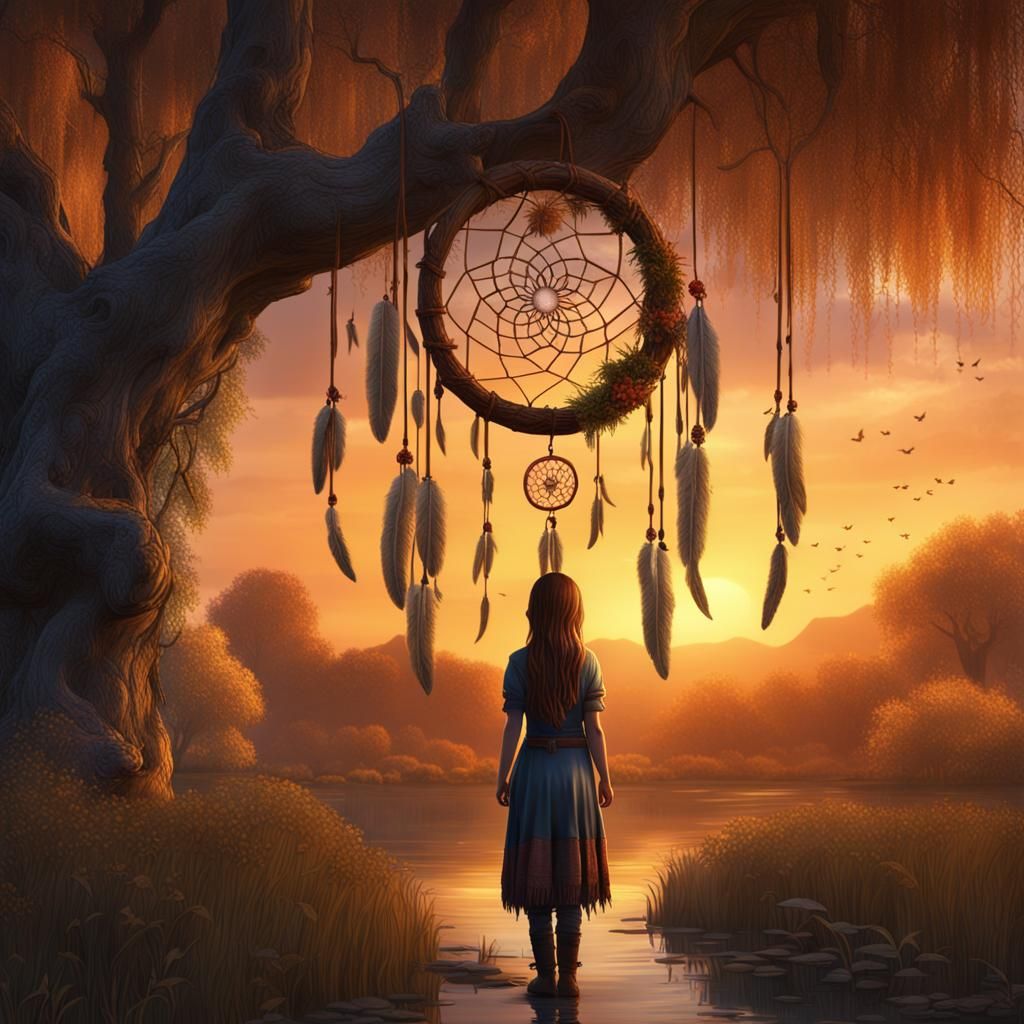 Girl Under Willow Tree with Dreamcatcher at Sunset