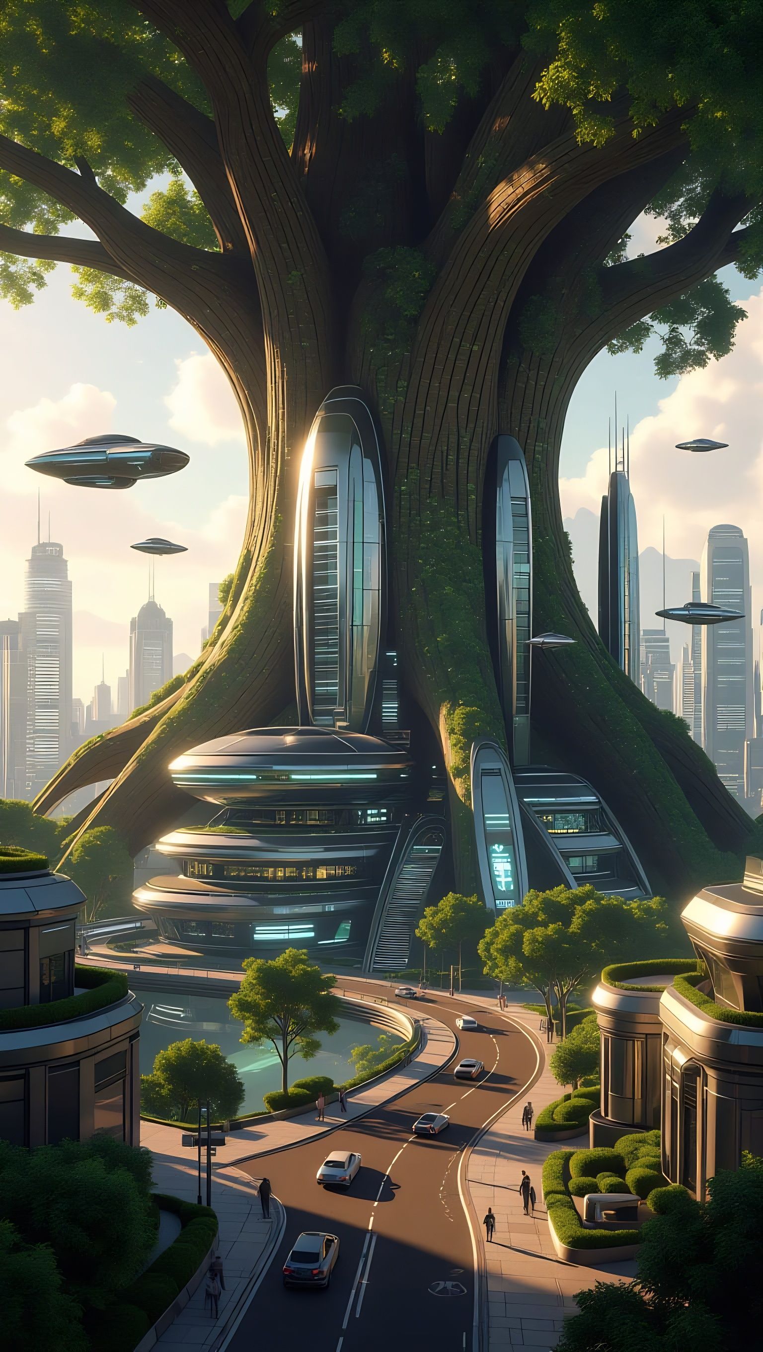 Surreal Cityscape Inside a Giant Tree in Hyperrealistic Sola...