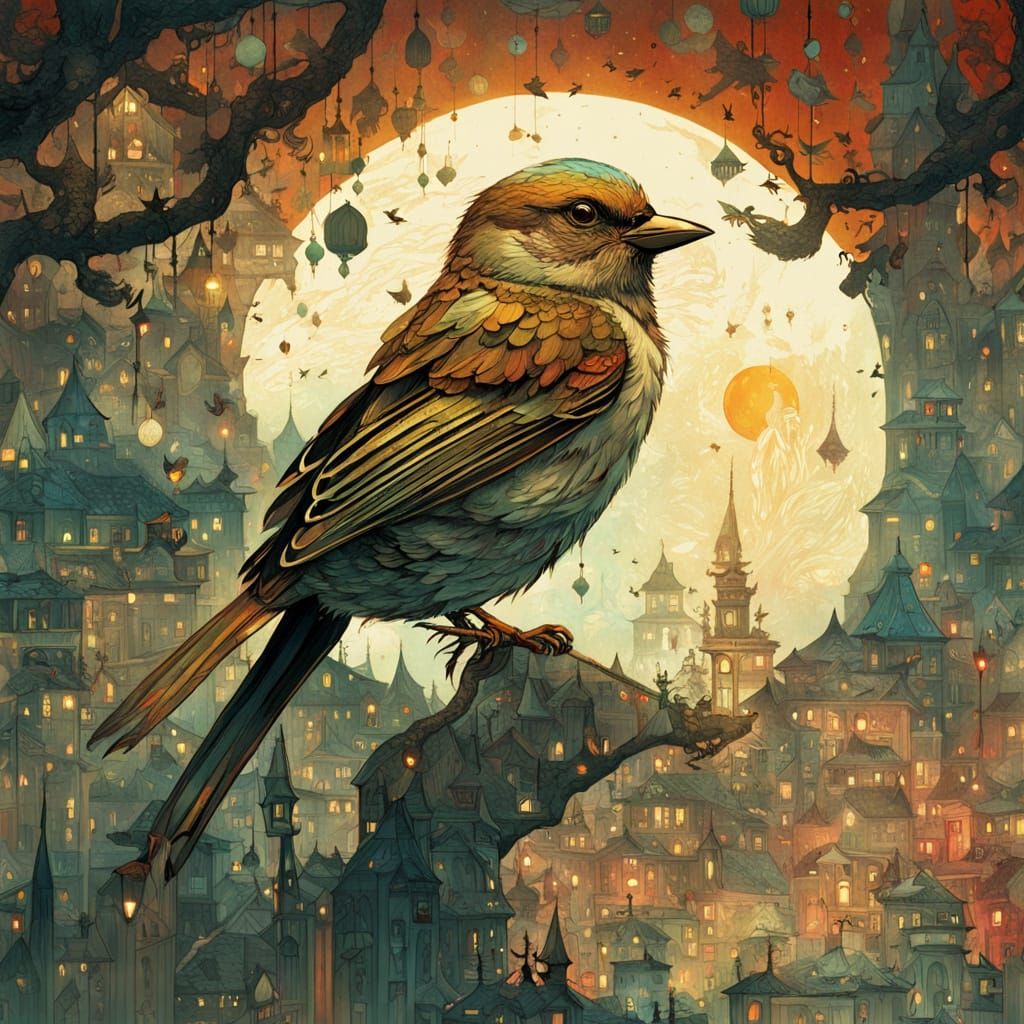 Whimsical Ninja Sparrow Basks in Moonlight